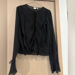 Aritzia Wilfred Black Sheer Ruffle Tie-Front Blouse